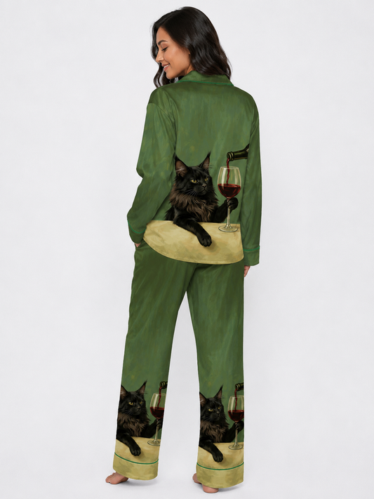 Black Cat With Wine Glass Long Sleeve Satin Pajama Set