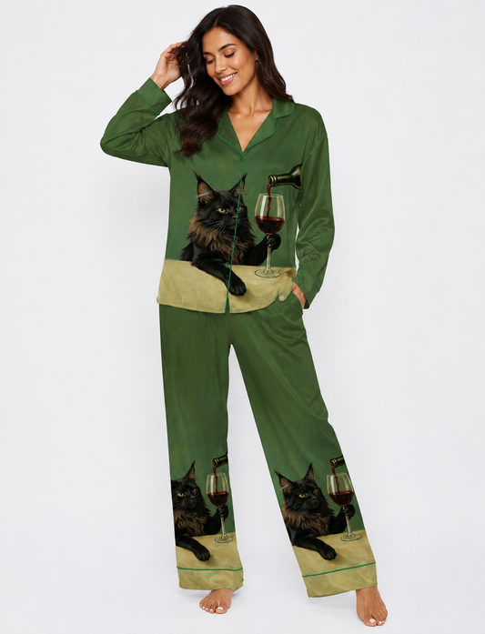 Black Cat With Wine Glass Long Sleeve Satin Pajama Set