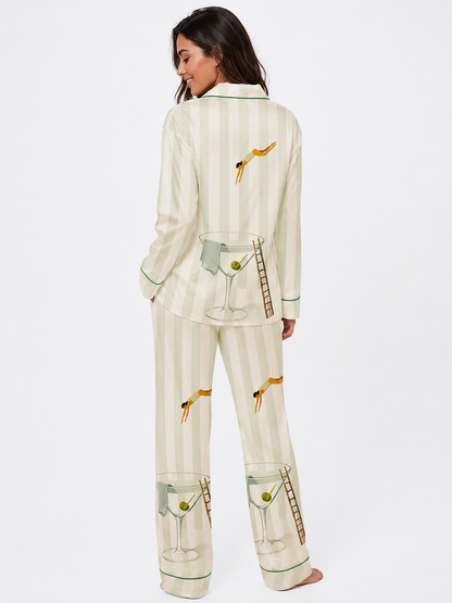Martini Diver Long Sleeve Satin Pajama Set