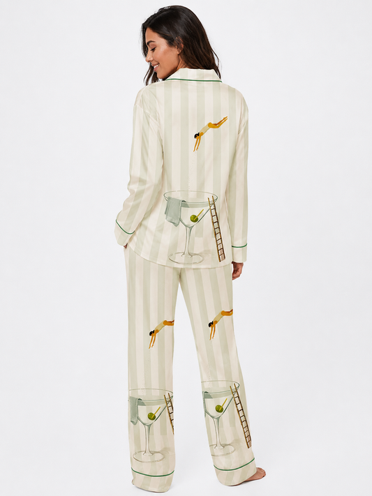Martini Diver Long Sleeve Satin Pajama Set