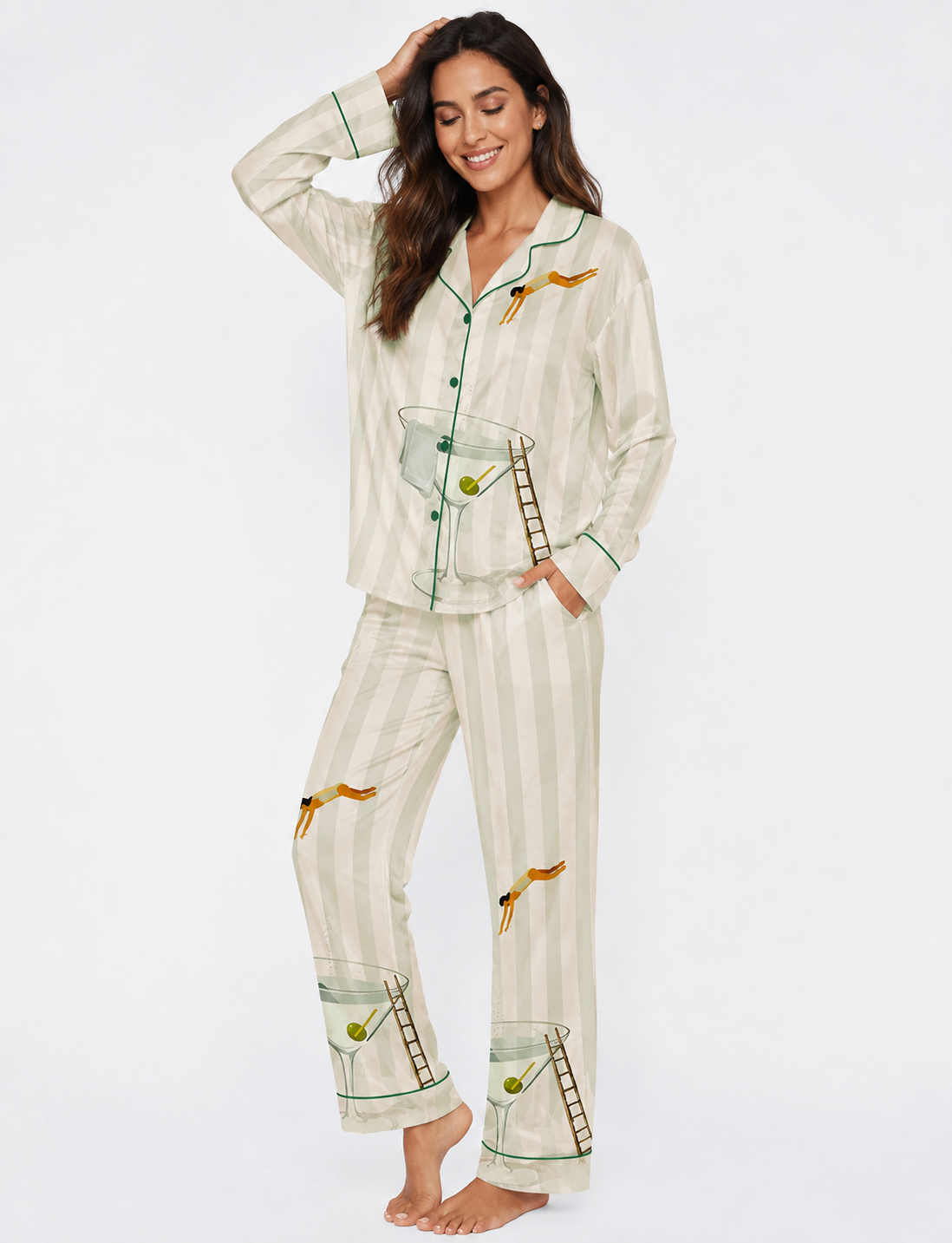 Martini Diver Long Sleeve Satin Pajama Set