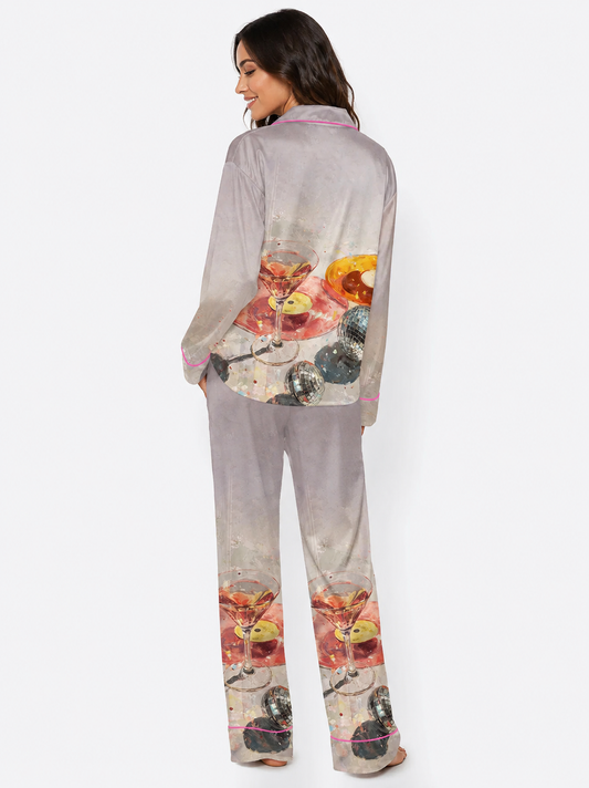 Martini & Disco Ball Long Sleeve Satin Pajama Set