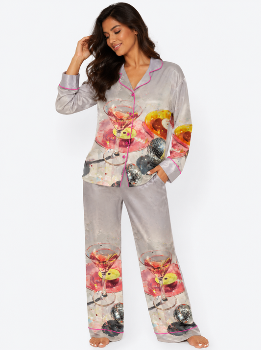 Martini & Disco Ball Long Sleeve Satin Pajama Set